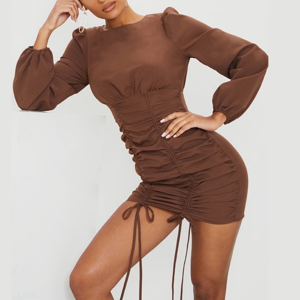 Pretty Little Thing Ruched Long Sleeve Bodycon Mini Dress Chocolate Brown Size 6 - Picture 2 of 16